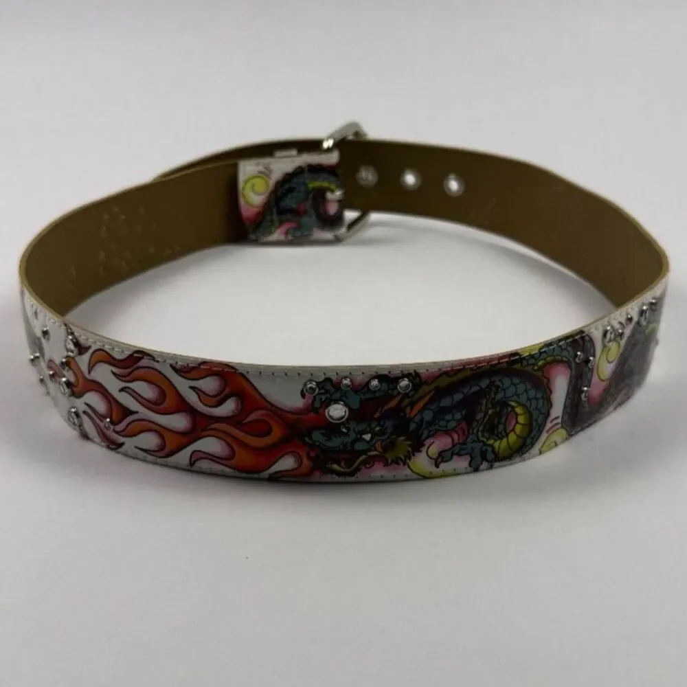 Ed Hardy Style Tattoo-Inspired Graphic Belt Colorful Rhinestone Accents 38.5